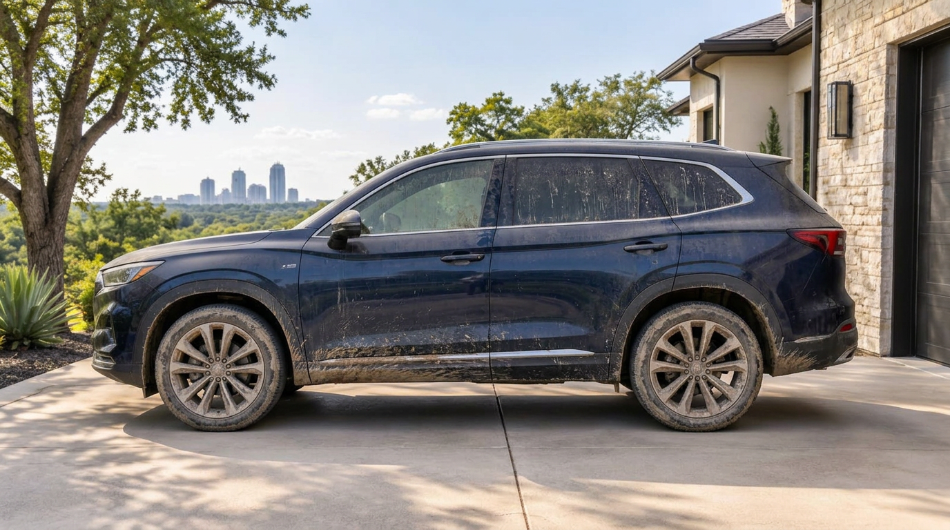 A muddy, dusty SUV before detailing